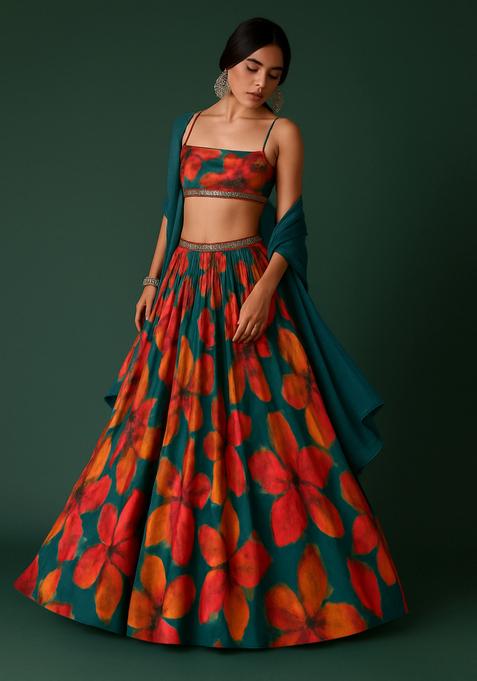 Green Printed Chinon Lehenga Set