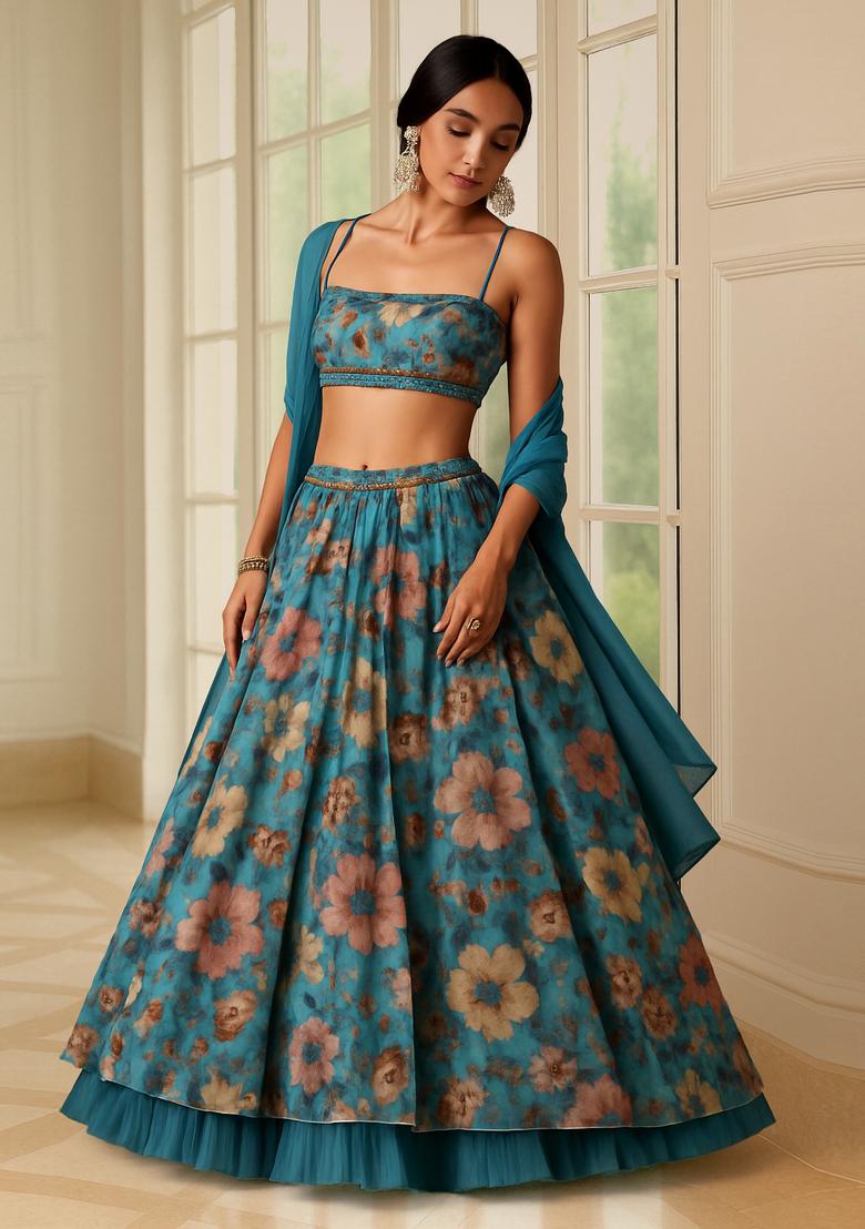 Blue Printed Chinon Lehenga Set
