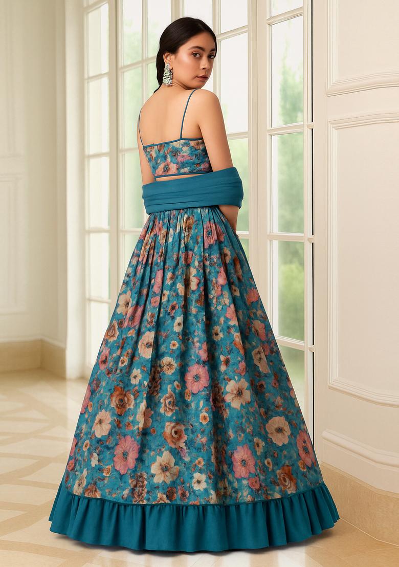 Blue Printed Chinon Lehenga Set