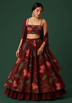 Brown Printed Chinon Lehenga Set
