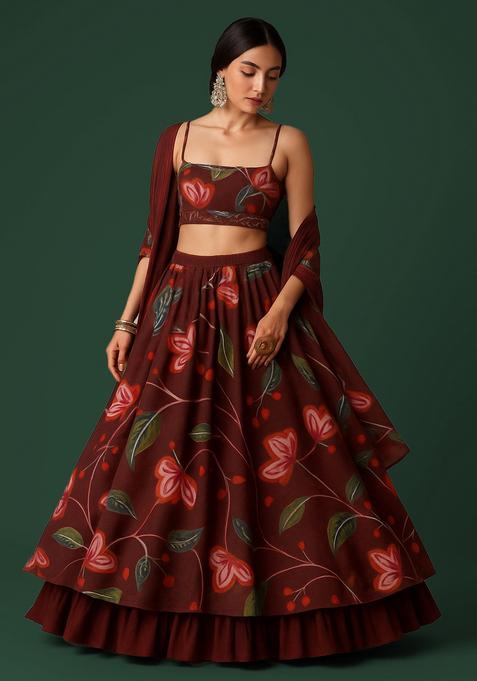 Brown Printed Chinon Lehenga Set