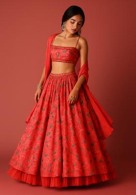Red Printed Chinon Lehenga Set