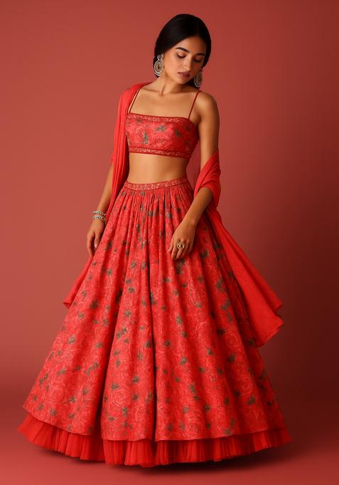 Red Printed Chinon Lehenga Set