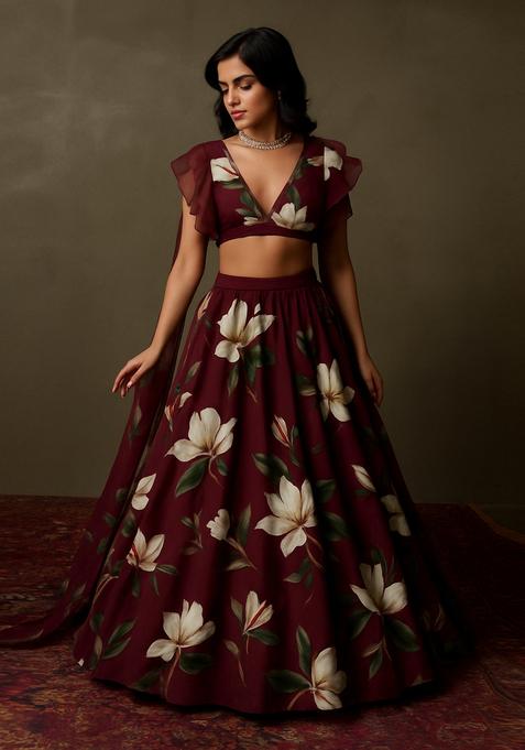 Brown Printed Georgette Lehenga Set