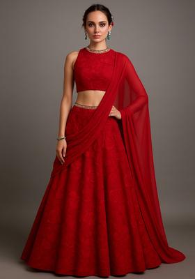 Red Embroidered Net Lehenga Set