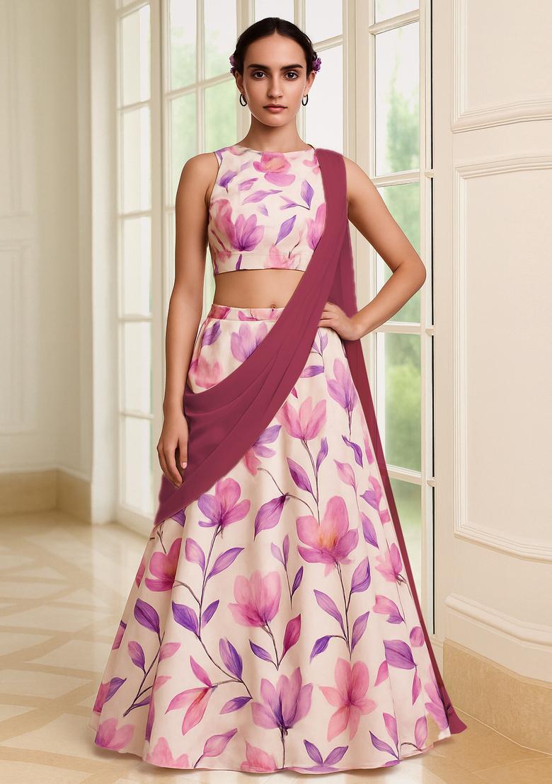 Pink Printed Polyester Lehenga Set