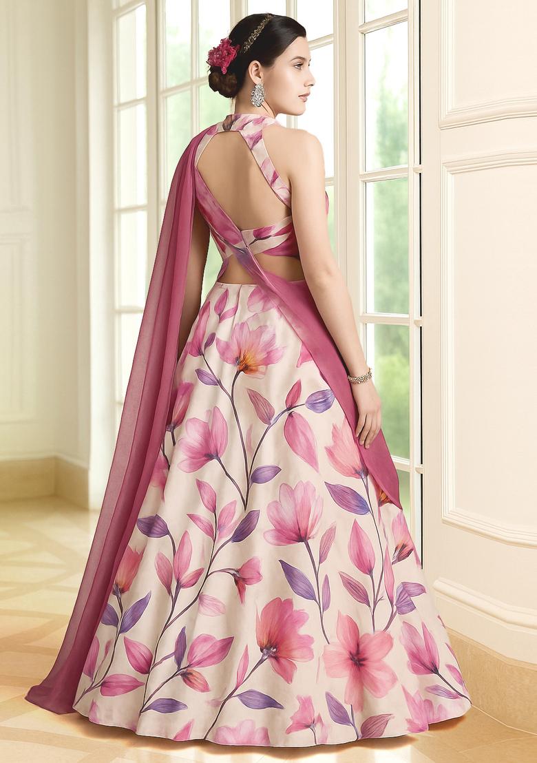 Pink Printed Polyester Lehenga Set