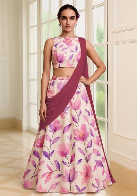 Pink Printed Polyester Lehenga Set