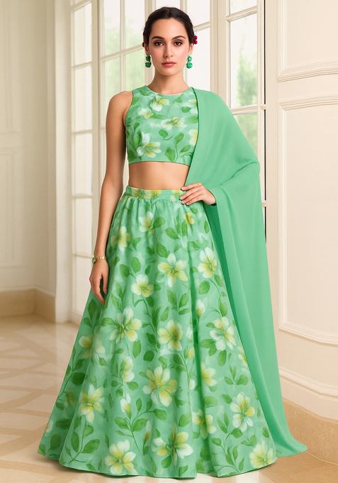 Sea Green Printed Polyester Lehenga Set