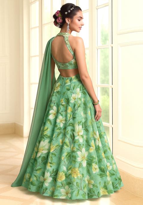 Sea Green Printed Polyester Lehenga Set