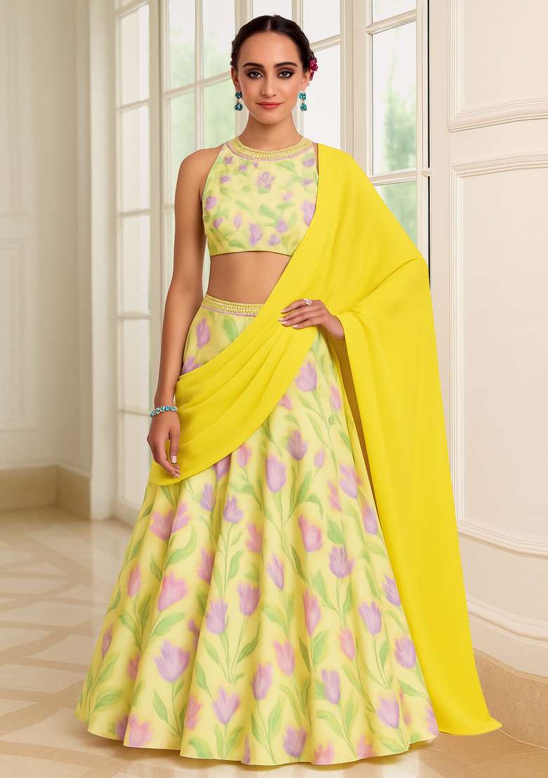 Yellow Printed Satin Lehenga Set - Indya