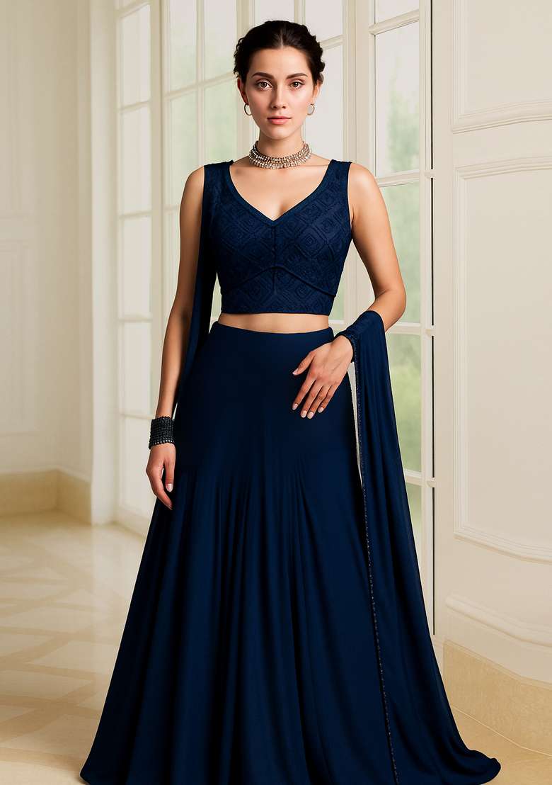Blue Embroidered Velvet Lehenga Set - Indya