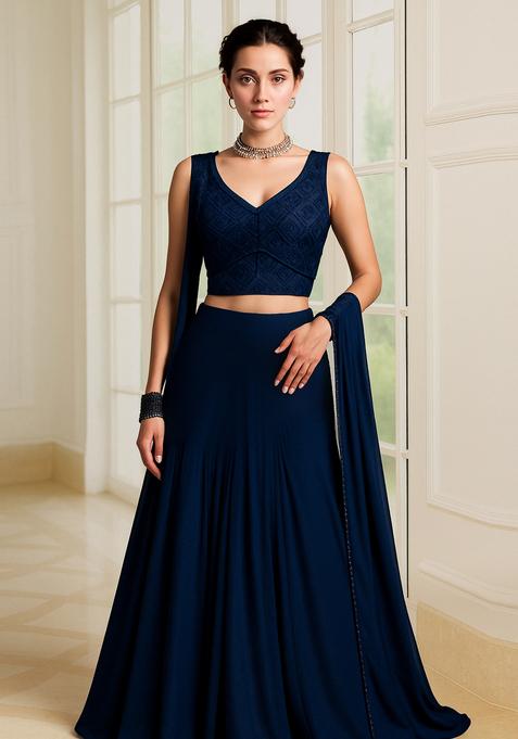 Blue Embroidered Velvet Lehenga Set