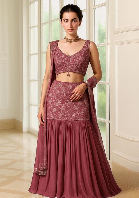 Mauve Embroidered Tussar Silk Lehenga Set