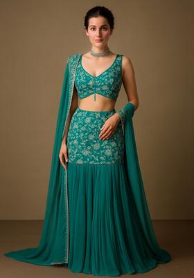 Sea Green Embroidered Organza Silk Lehenga Set