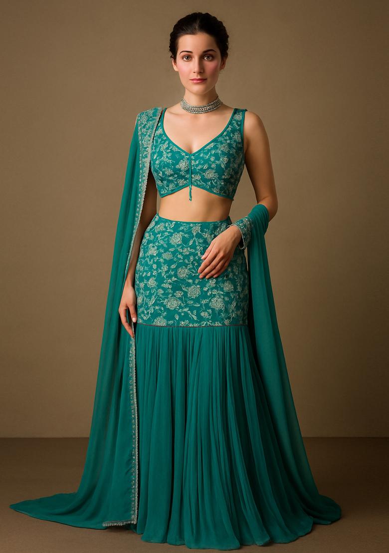 Sea Green Embroidered Organza Silk Lehenga Set