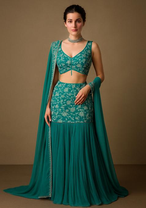 Sea Green Embroidered Organza Silk Lehenga Set
