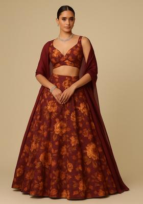Wine Printed Organza Lehenga Set