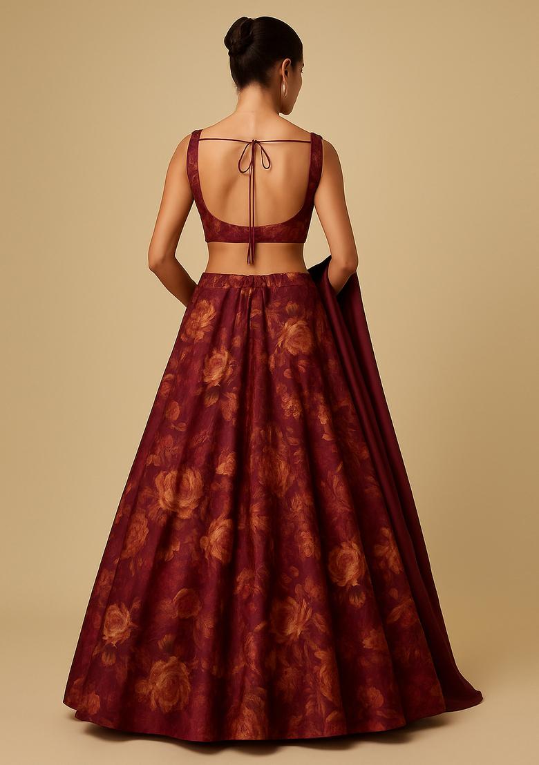 Wine Printed Organza Lehenga Set