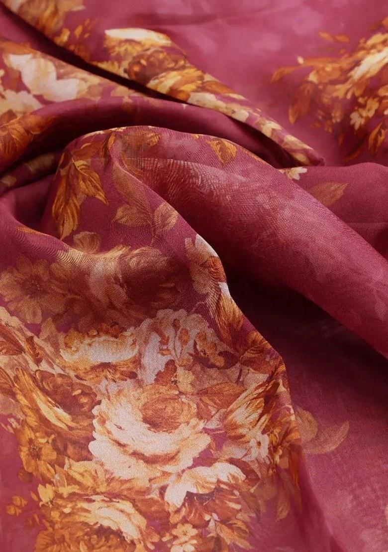 Wine Printed Organza Lehenga Set