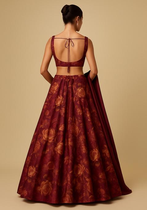 Wine Printed Organza Lehenga Set