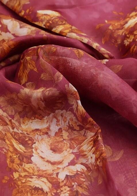 Wine Printed Organza Lehenga Set