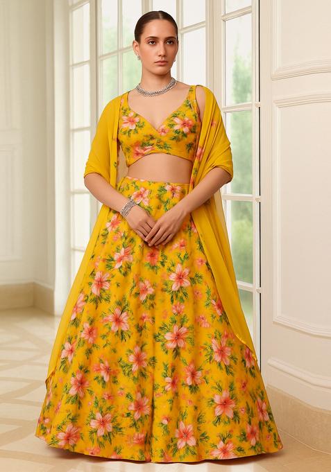 Yellow Printed Organza Lehenga Set