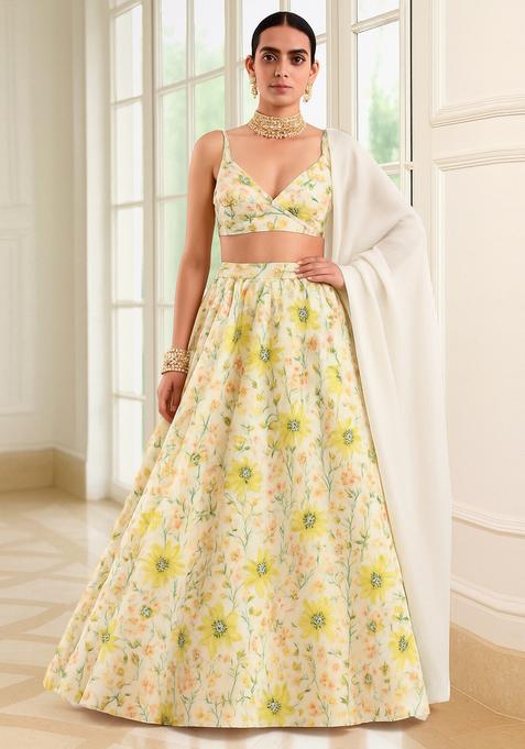 Yellow Printed Satin Lehenga Set