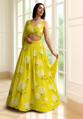 Yellow Printed Silk Lehenga Set