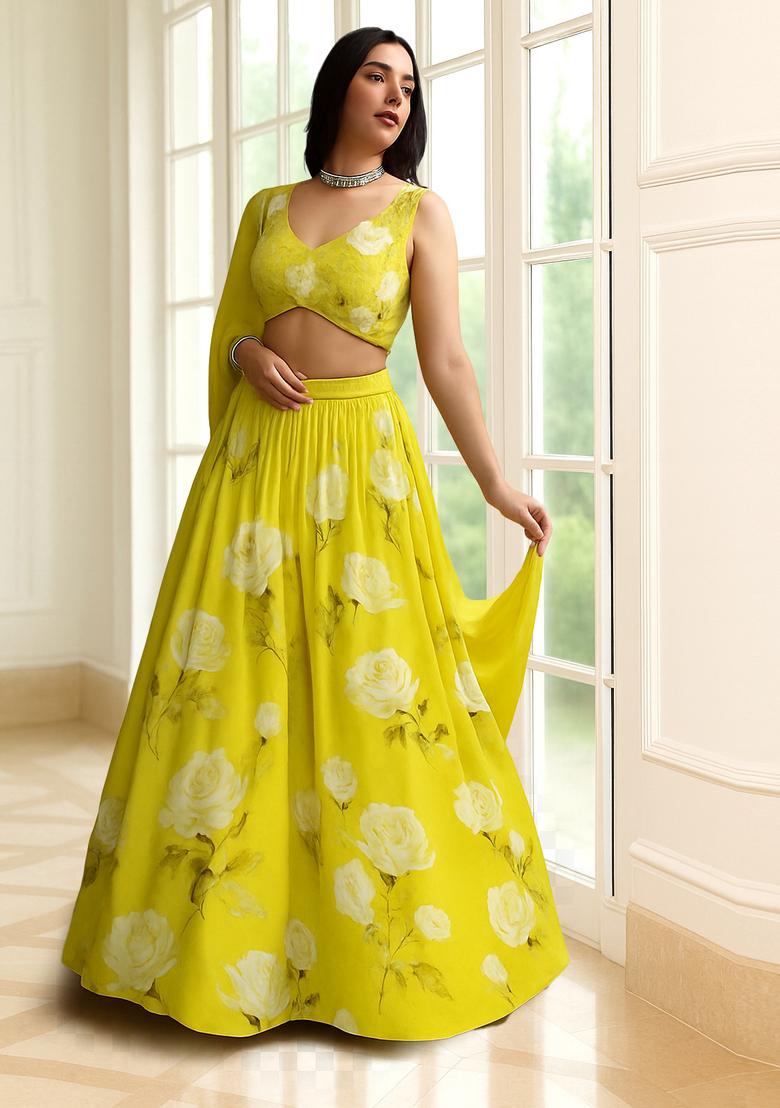 Yellow Printed Silk Lehenga Set