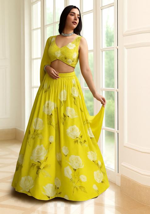 Yellow Printed Silk Lehenga Set