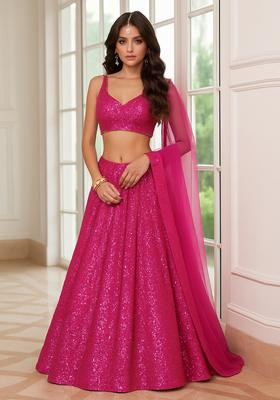 Pink Sequin Embellished Net Lehenga Set