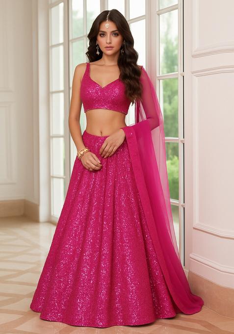 Pink Sequin Embellished Net Lehenga Set