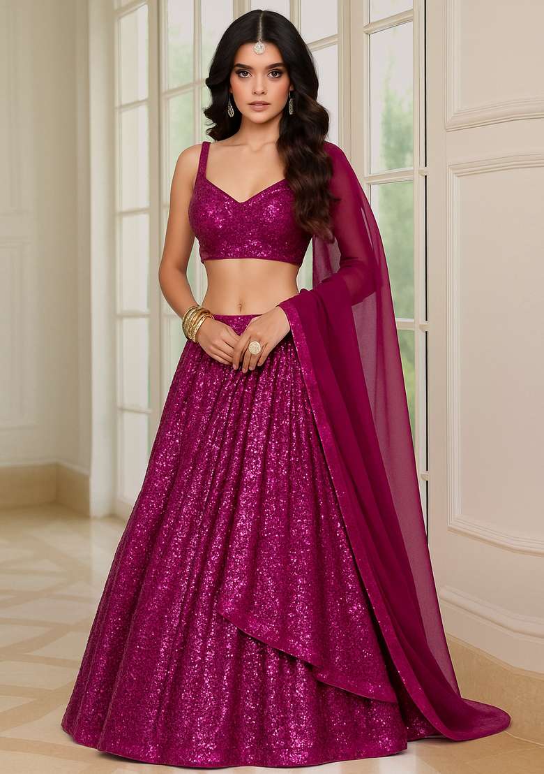 Hot Pink Embellished Net Lehenga Set - Indya