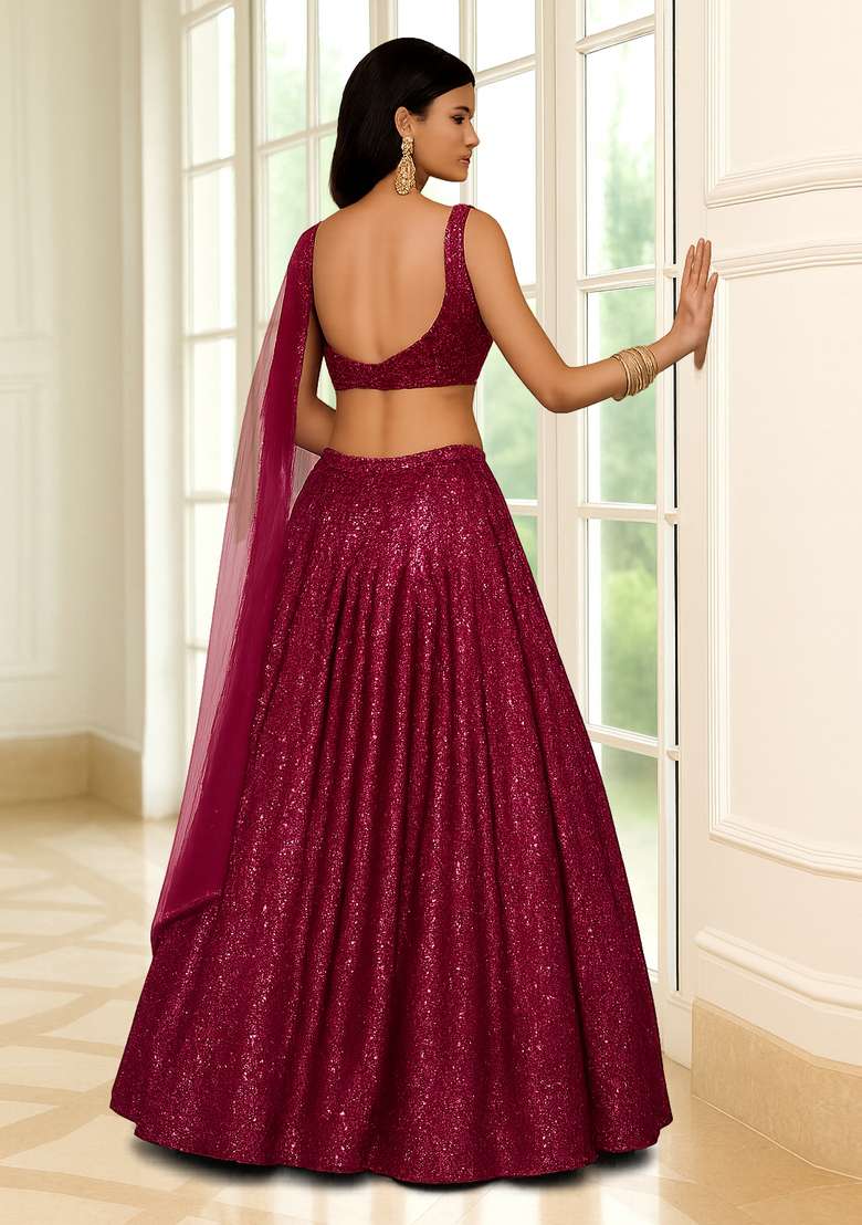 Hot Pink Embellished Net Lehenga Set - Indya