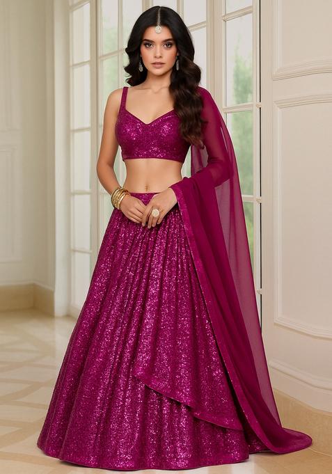Hot Pink Embellished Net Lehenga Set