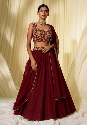 Maroon Embroidered Blouse Georgette Lehenga Set