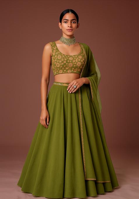 Olive Green Embroidered Blouse Georgette Lehenga Set