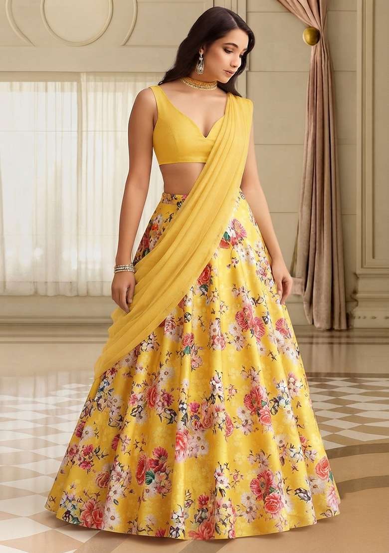 Yellow Printed Satin Lehenga Set for Diwali and Festive Wear - Indya