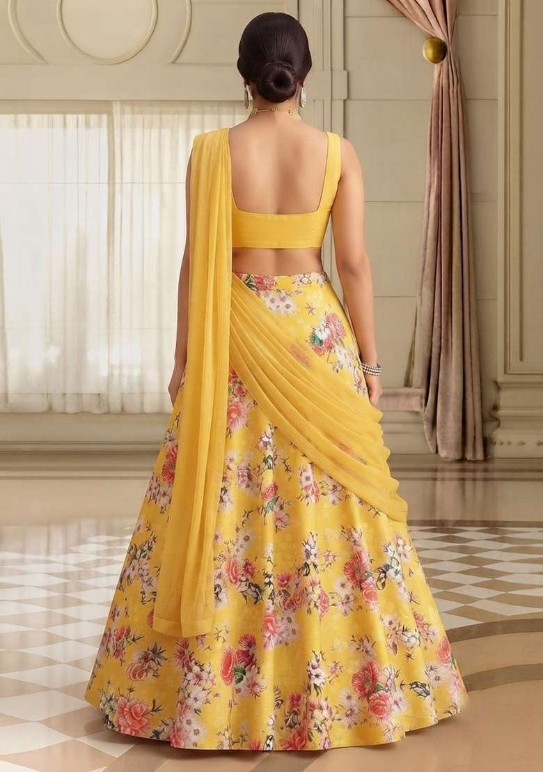 Yellow Printed Satin Lehenga Set for Diwali and Festive Wear - Indya