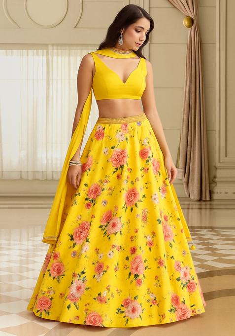 Yellow Printed Satin Lehenga Set