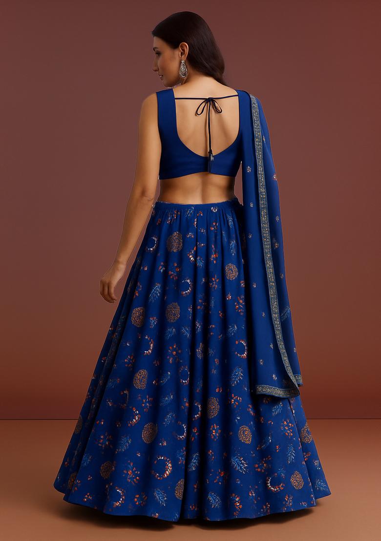 Blue Embellished Satin Lehenga Set - Indya