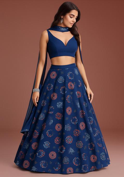 Blue Embellished Satin Lehenga Set