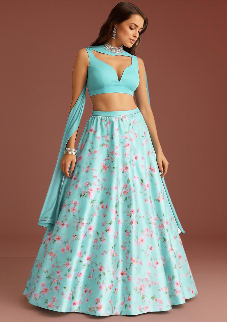 Sky Blue Printed Satin Lehenga Set