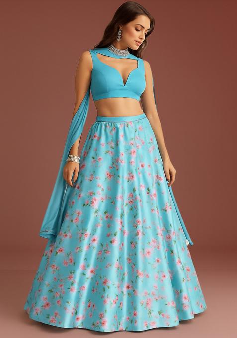 Sky Blue Printed Satin Lehenga Set