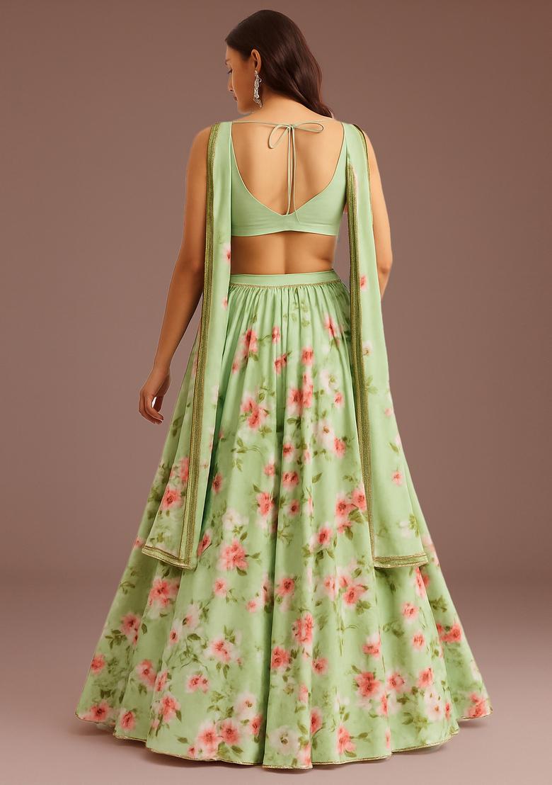 Pista Green Printed Satin Lehenga Set