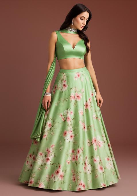Pista Green Printed Satin Lehenga Set