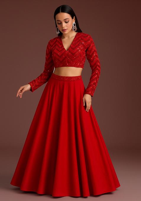 Red Embroidered Georgette Lehenga Set