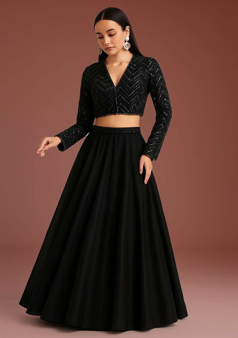 Black Embroidered Georgette Lehenga Set - Indya