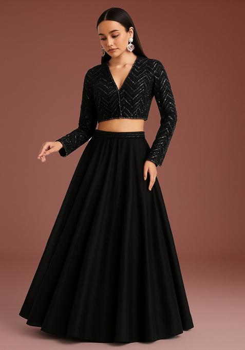 Black Embroidered Georgette Lehenga Set